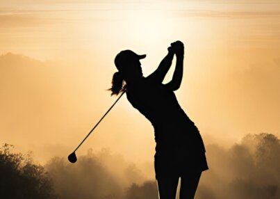 female-golfer-swinging-club-at-sunset
