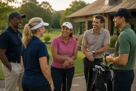 A group of golfers chatting and laughing together outside a welcoming clubhouse in a relaxed community setting