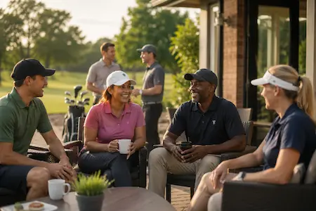 Four people chatting and smiling together beside a golf course in a relaxed community setting