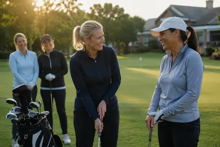 Two women smiling and practising golf together in a relaxed and supportive group setting