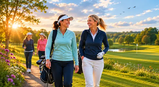 Two women walking and smiling together on a sunlit golf course surrounded by fresh air and nature
