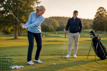 A woman practising a relaxed golf swing outdoors while another golfer watches supportively in the background