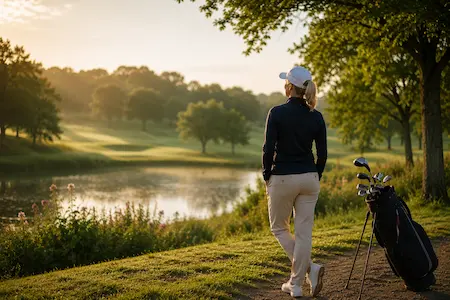 A woman standing beside a peaceful golf course lake in the early morning enjoying a quiet moment outdoors