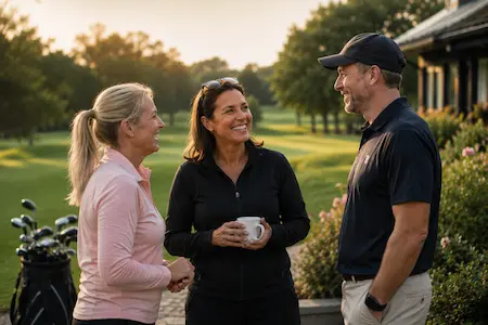 Three people smiling and chatting together beside a golf course in a relaxed and welcoming community setting