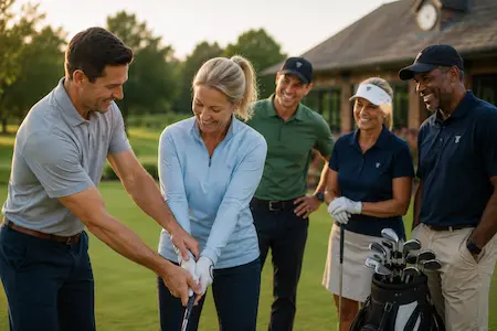 A group of golfers supporting and encouraging a woman during a relaxed golf practice session